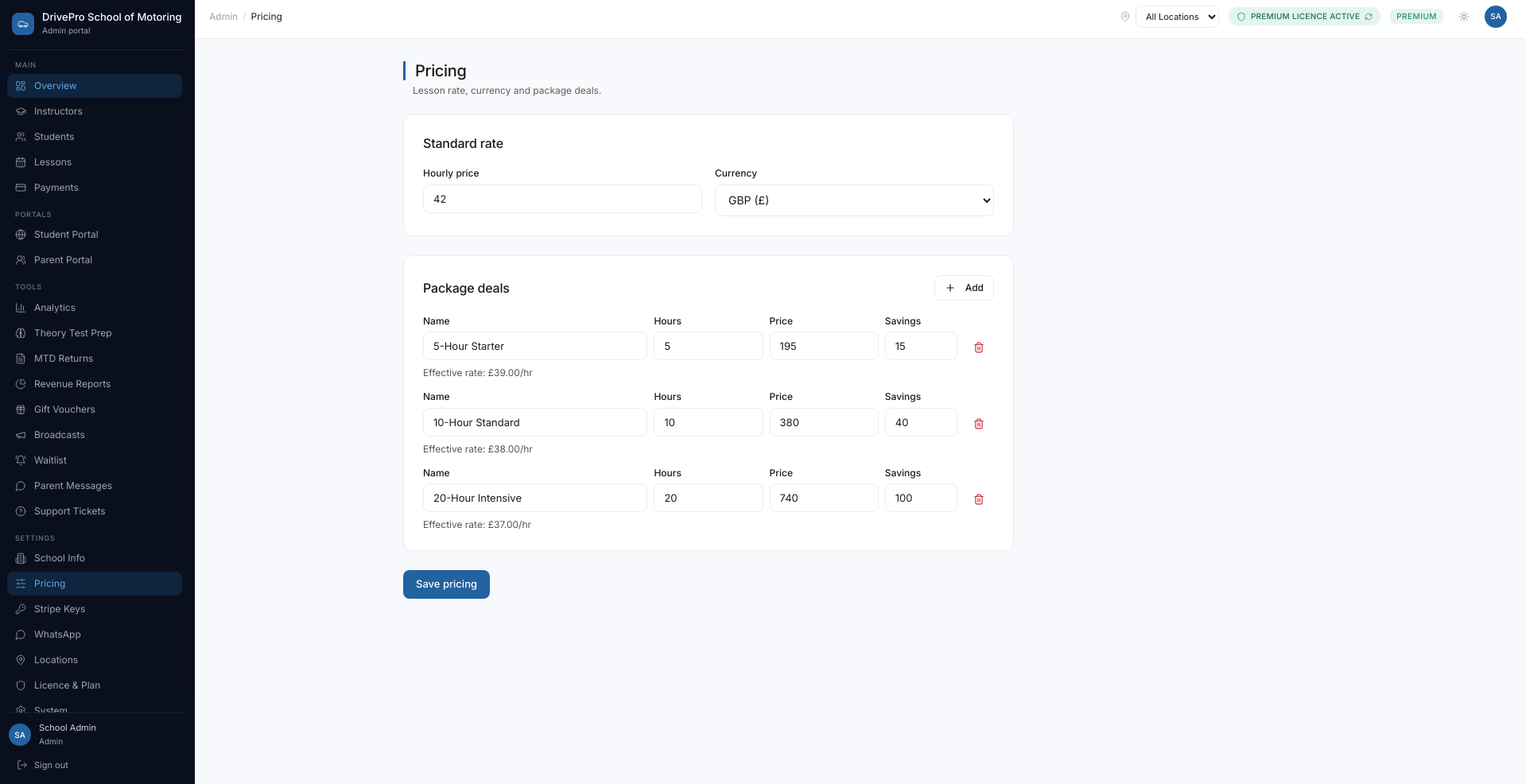 Pricing with hourly rate and package deals