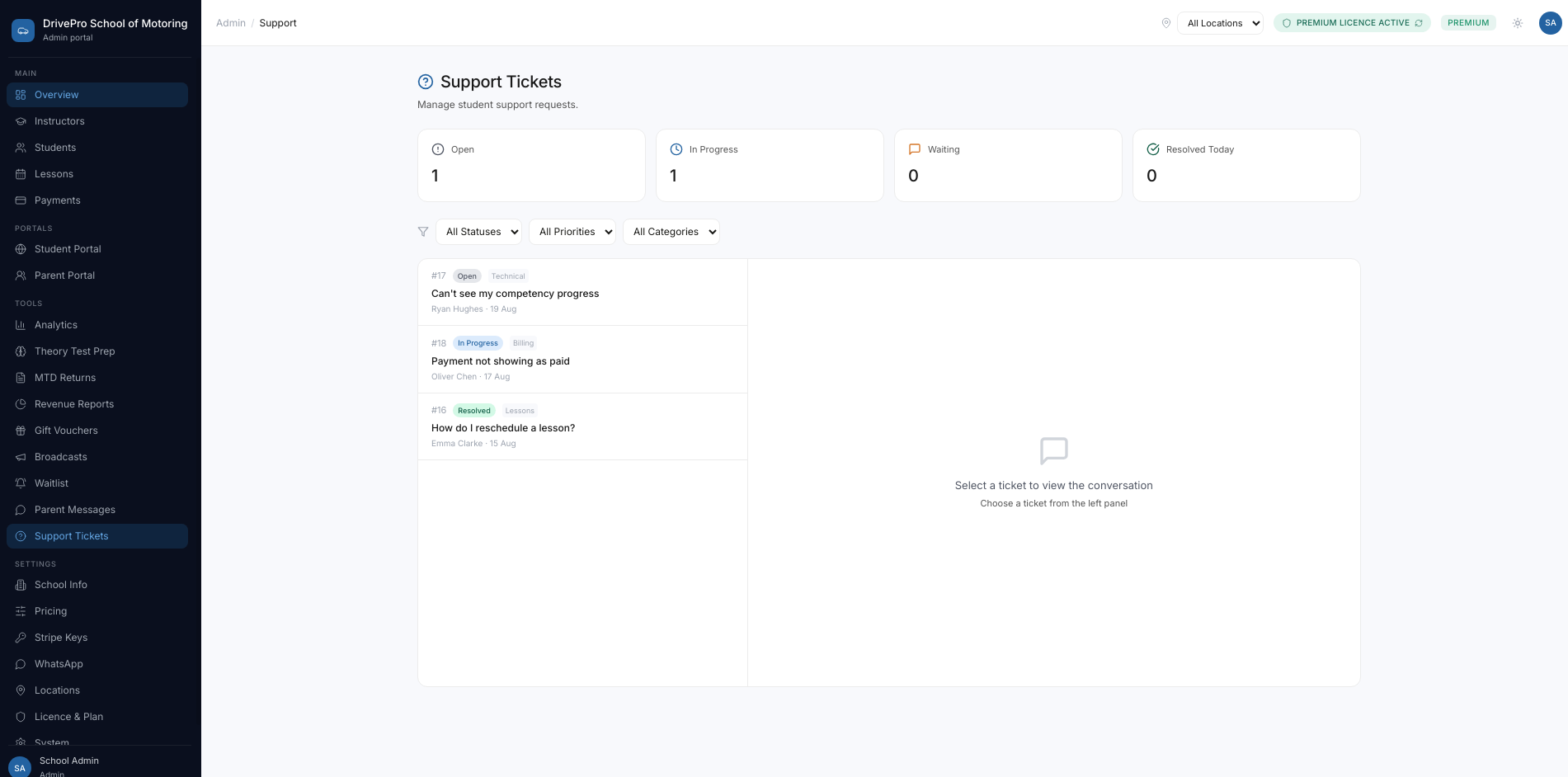 Support tickets to manage student requests
