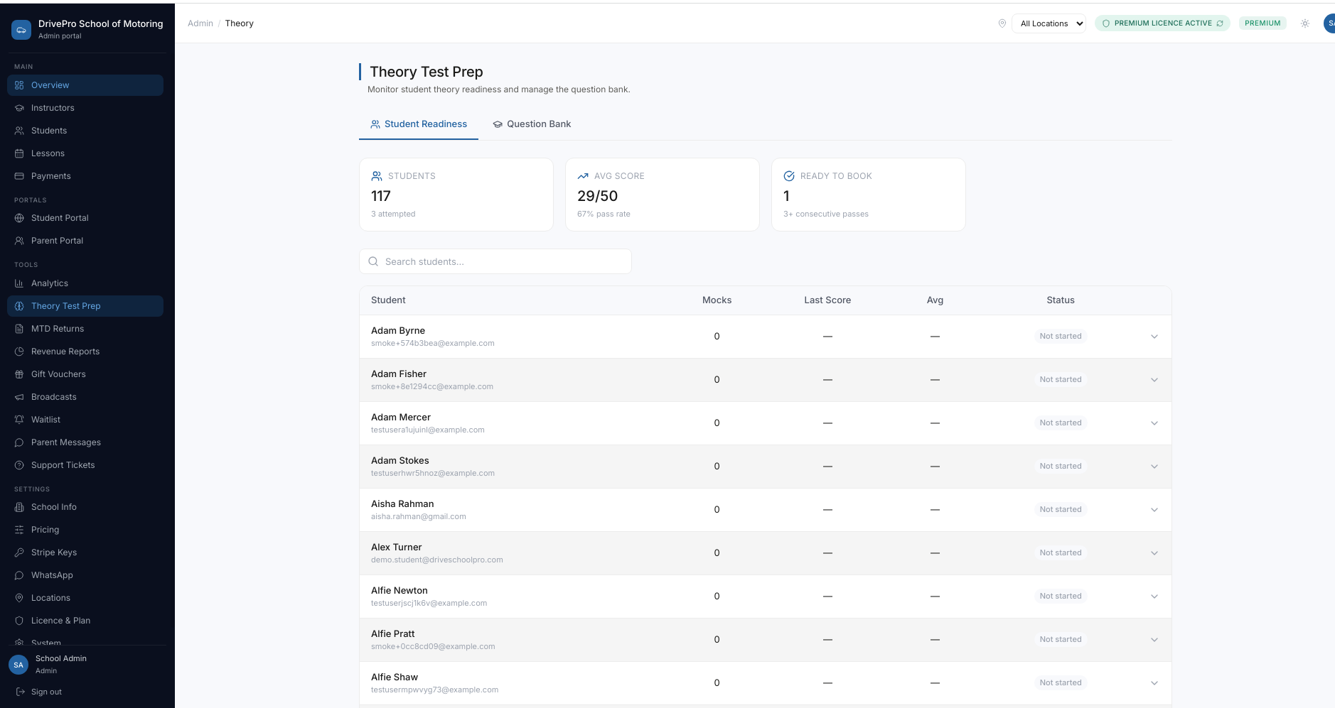 Theory test prep with student readiness tracking