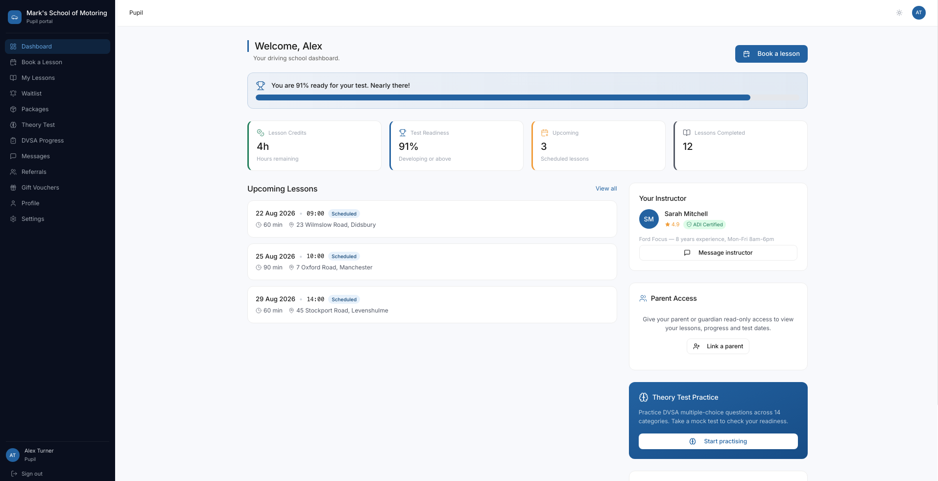 Student dashboard showing test readiness and next lesson