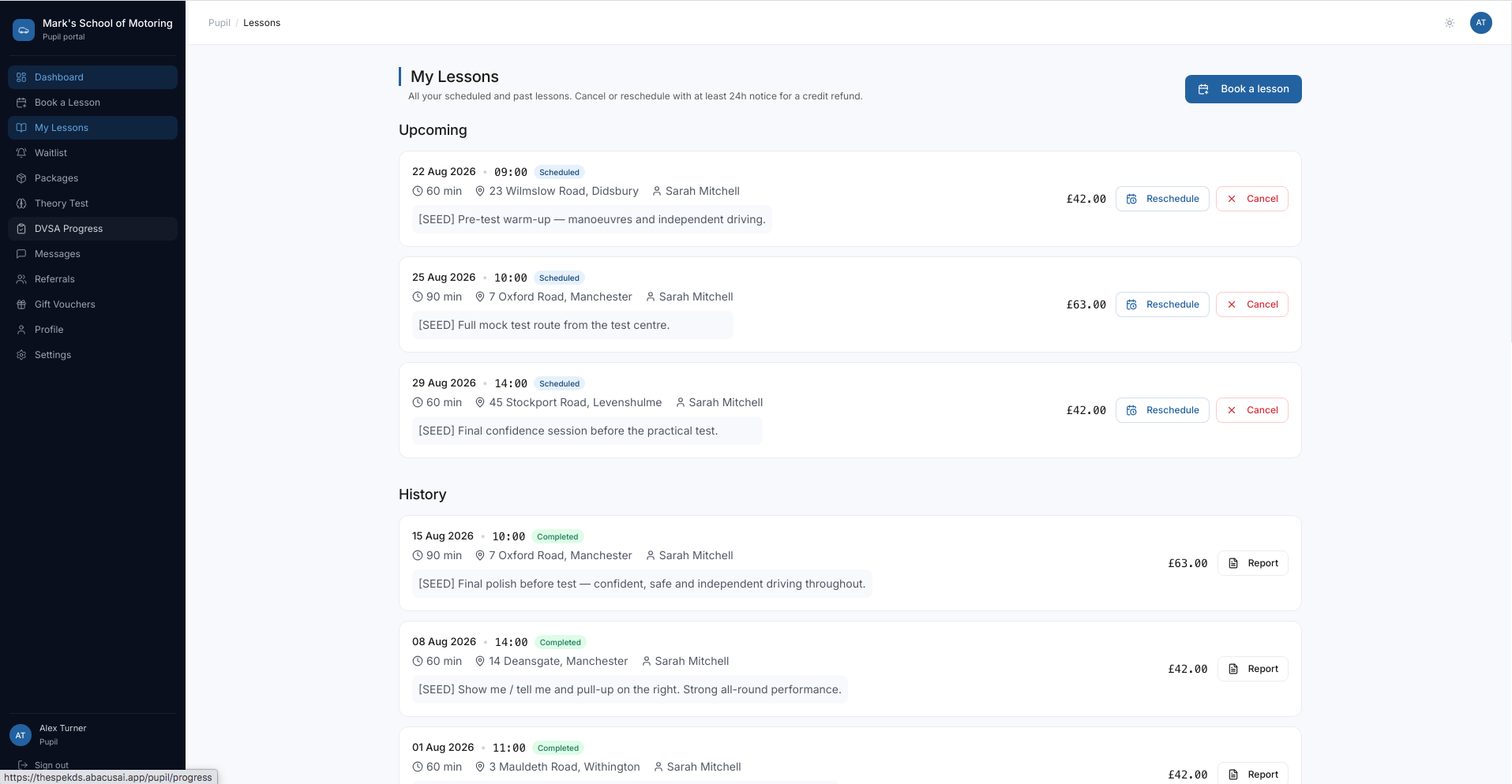 My lessons list with upcoming and past lessons
