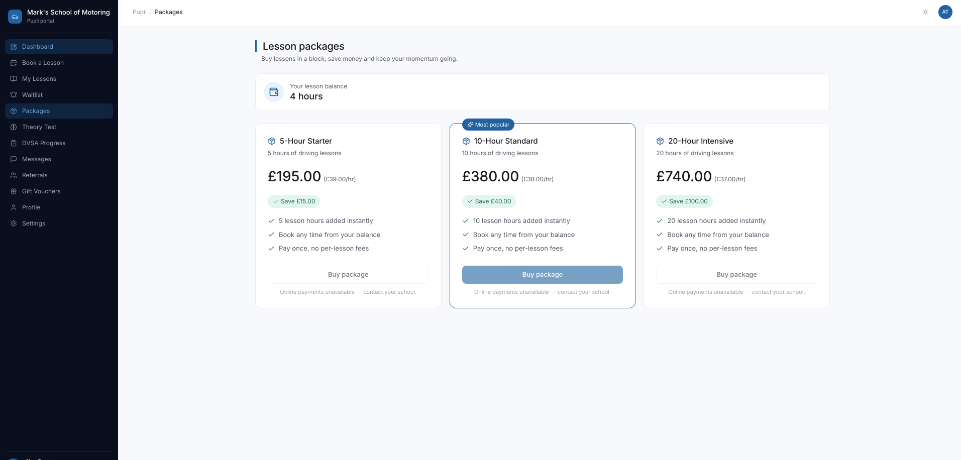 Lesson packages with tiered pricing