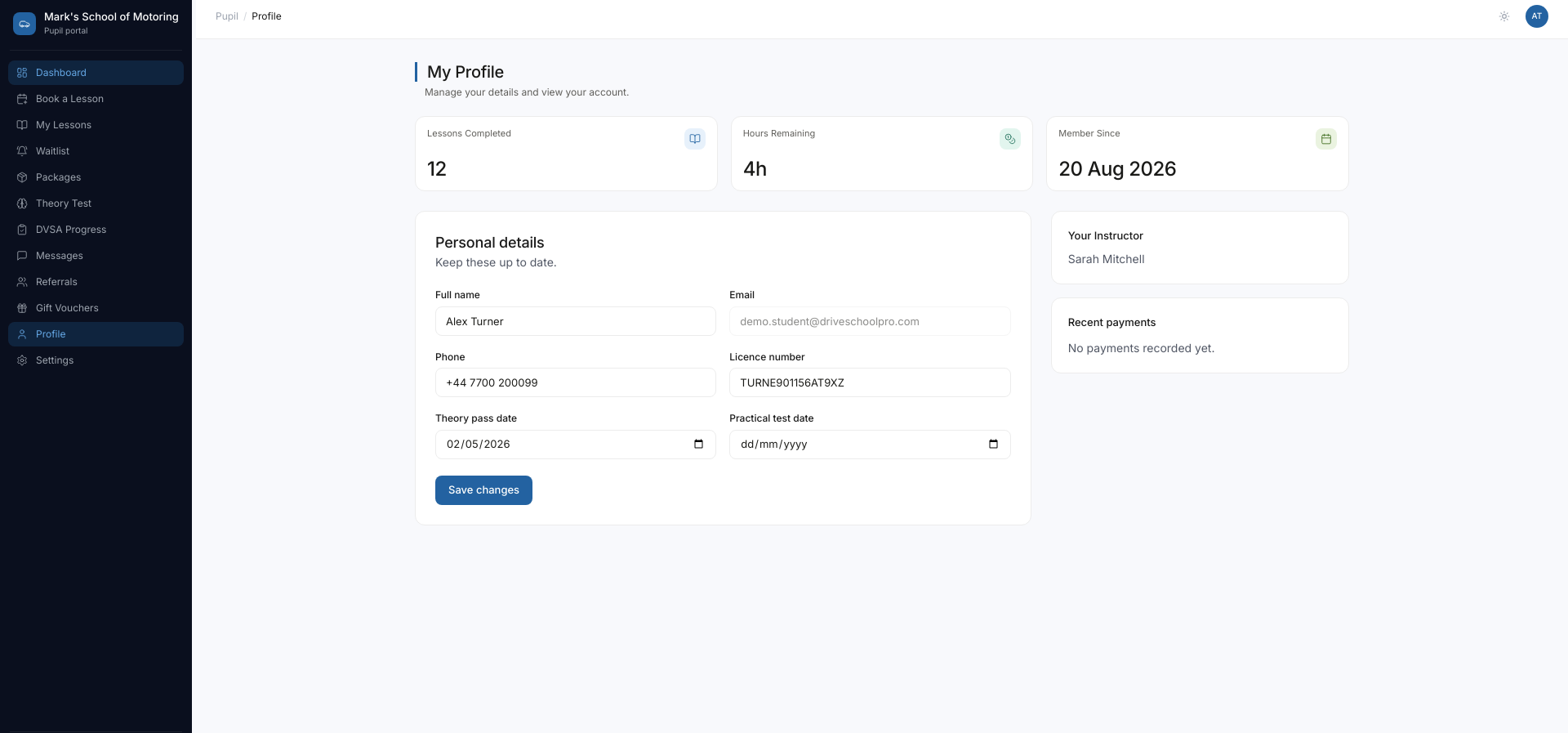 Student profile settings