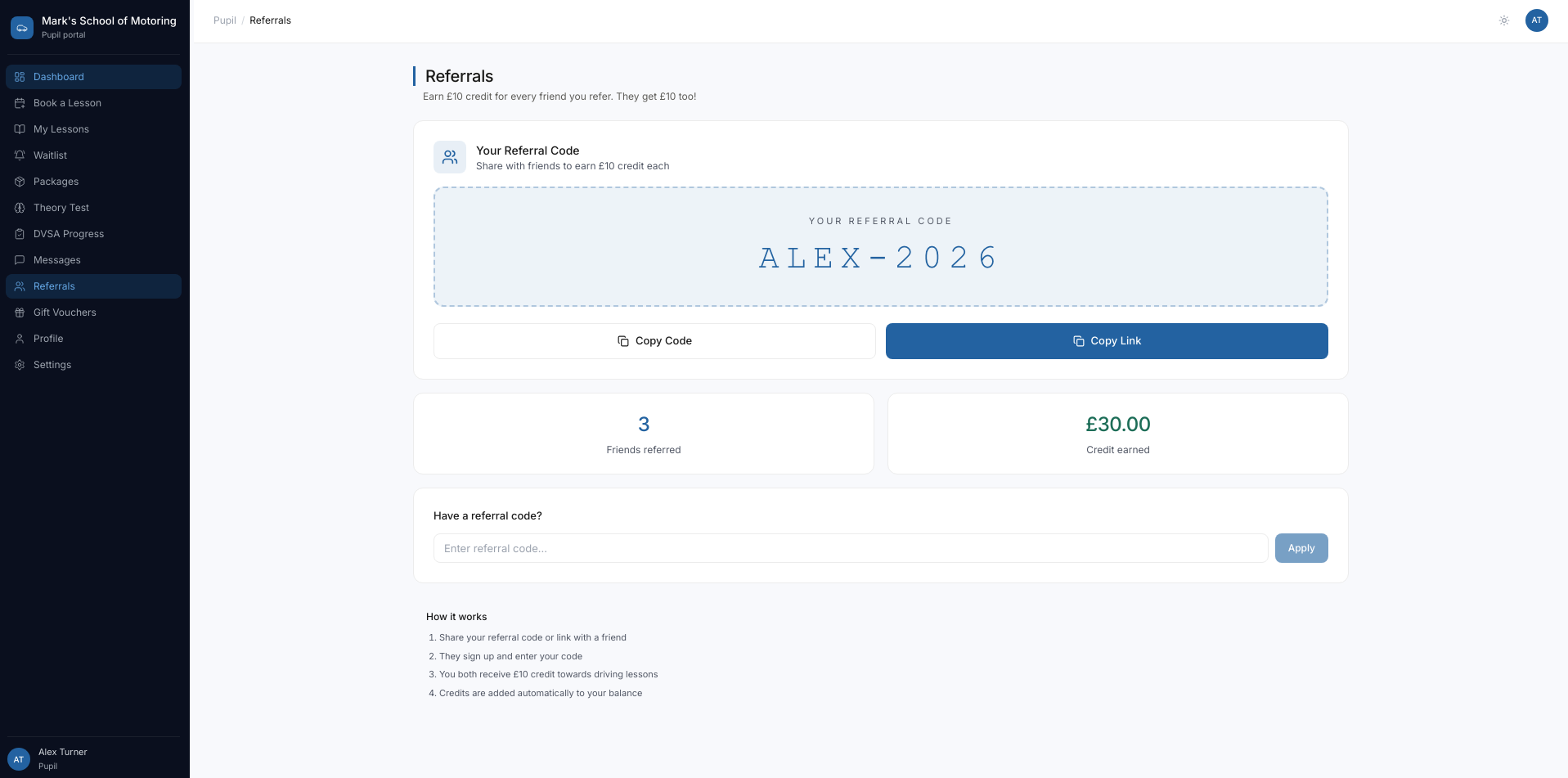 Referral programme with personal code and rewards earned