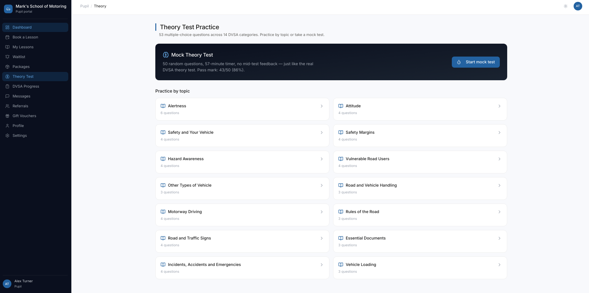 Theory test practice topics and mock tests